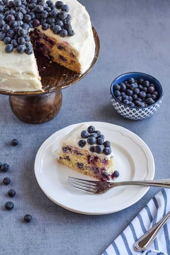 gluten free lemon blueberry cake, Gluten Free Blueberry Cake one slice on white plate