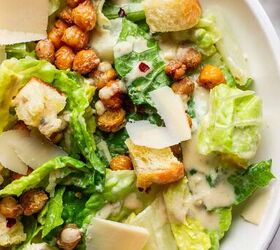 crowd pleasing vegan caesar salad you won t believe it s dairy free, Healthy vegan Caesar salad drizzle with Tahini dressing and topped with croutons and crispy chickpeas