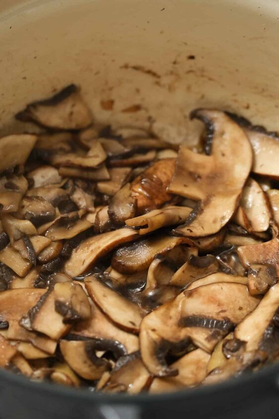 hearty vegan cream of mushroom soup with coconut milk, Saut ing Portobello mushrooms in a large enameled pot