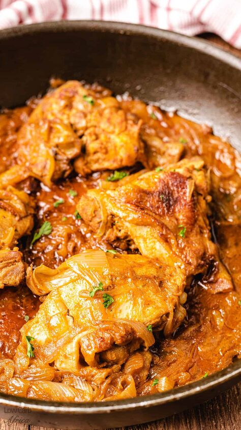 poulet yassa senegalese chicken recipe, Chicken thighs in a skillet