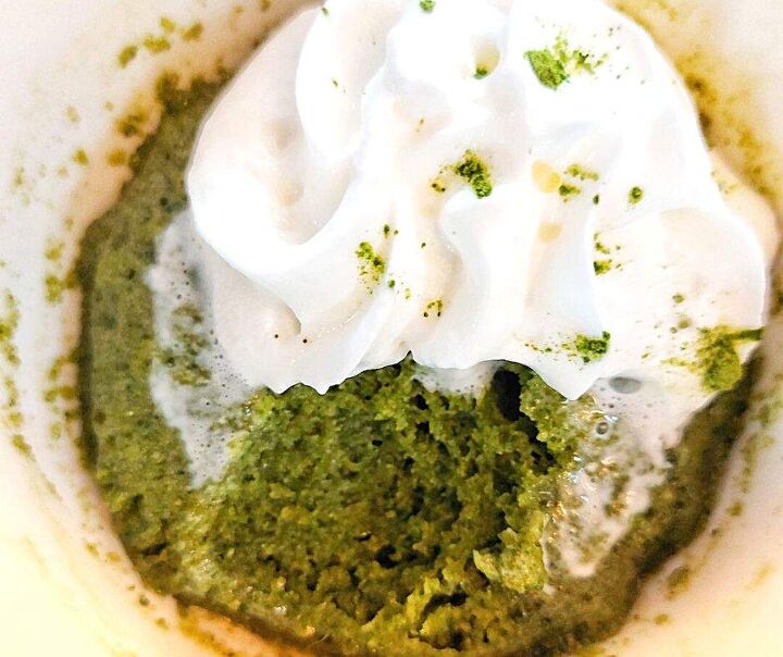 2 minute easy matcha mug cake that matcha latte lovers need in their l, Single serving matcha cake with a bite taken out