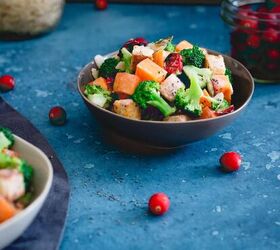 roasted cranberry broccoli salad, A small bowl of cranberry broccoli salad tossed in a poppyseed cranberry dressing