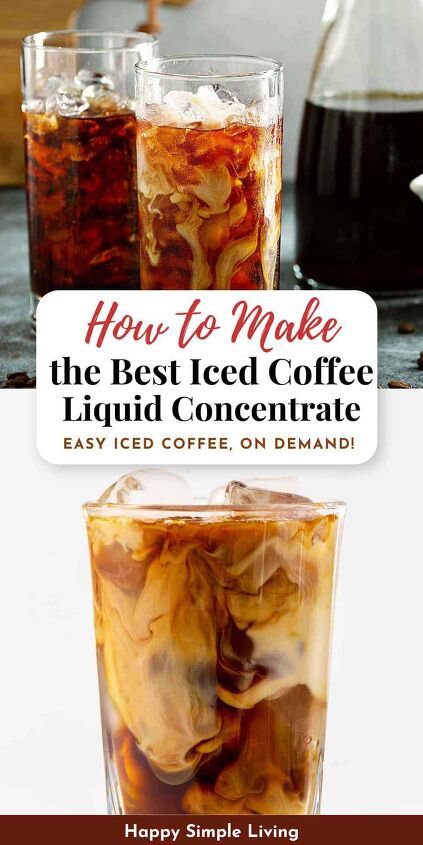 iced coffee liquid concentrate, A bottle of iced coffee concentrate and three iced coffee drinks in glasses