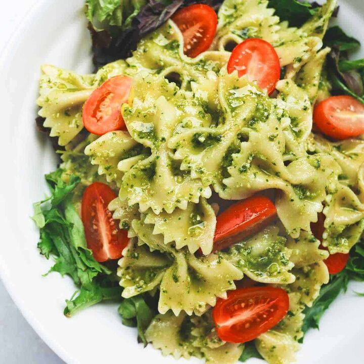 basil mint pesto, A plate of bowtie pasta with mint basil pesto sauce and chopped tomatoes