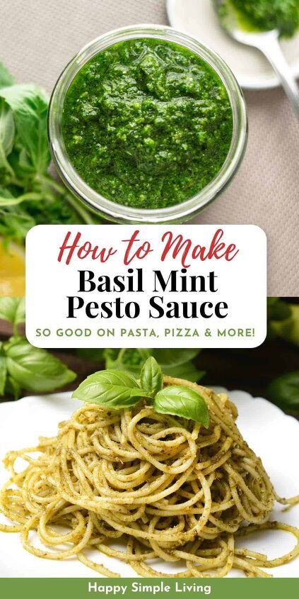 basil mint pesto, A bowl of basil mint pesto and a plate of pasta topped with mint basil pesto