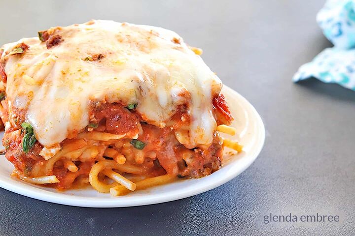 homemade sausage both breakfast and italian, baked spaghetti on a white plate pasta recipes