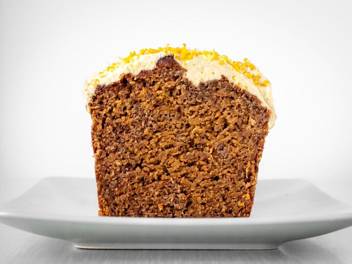 carrot cake, Sliced moist vegan carrot cake from the loaf tin on a plate