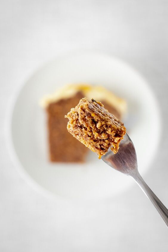 carrot cake, A piece of vegan carrot cake on a fork