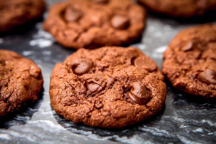vegan chocolate cookies, Vegan double chocolate cookies on black marble