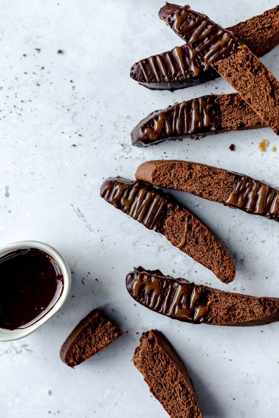 double chocolate biscotti with caramel drizzle