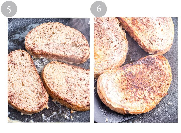 easy sourdough french toast, French toast being cooked in a pan and flipped