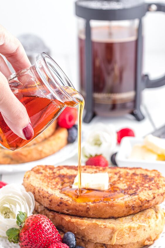easy sourdough french toast, Maple syrup being poured onto French toast