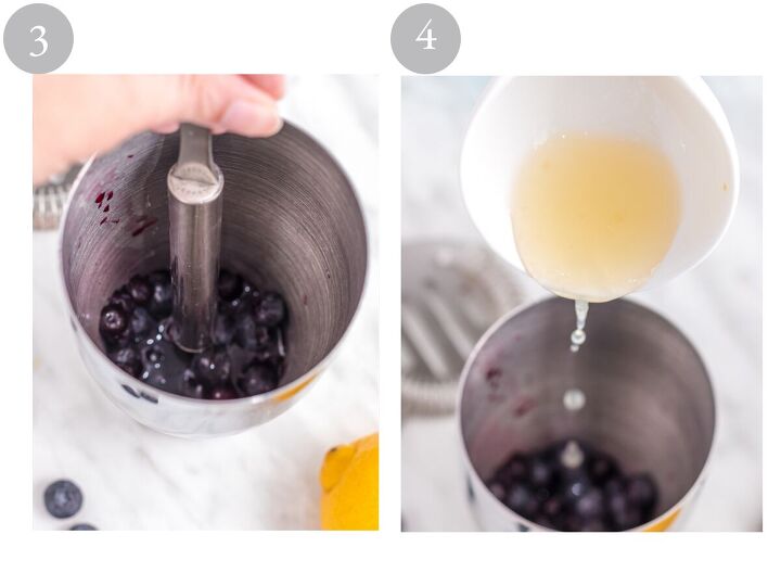 blueberry gin sour cocktail, Blueberries being muddled in a cocktail shaker and aquafaba being poured in