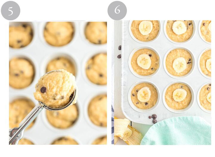 banana muffins with almond flour, Banana muffin batter in a scoop being put into muffin cups