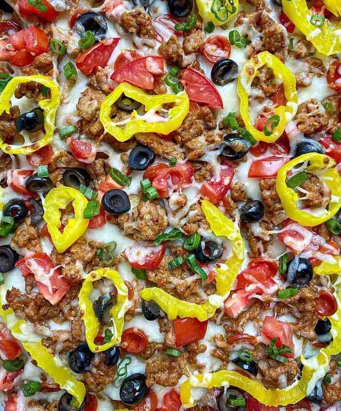 italian nachos happy honey kitchen, Baked Nachos on a sheet pan loaded with sausage cheese and vegetables