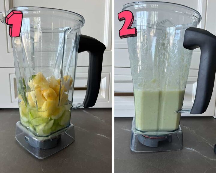 pineapple cucumber smoothie detoxifying and delicious, photos showing how to make a pineapple cucumber smoothie in the blender