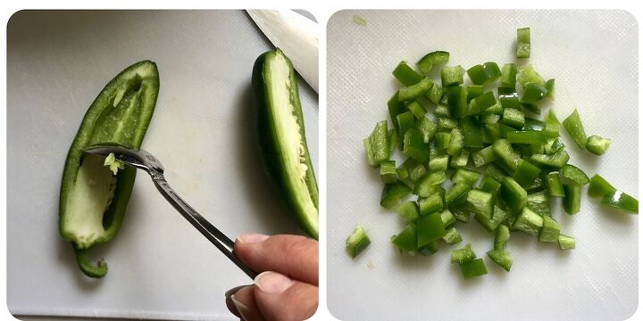 brazilian coconut chicken stew ensopado, 2 pictures showing how to cut jalapeno in half remove seeds with a spoon and then finely dice for Brazilian Coconut Chicken Stew