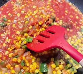 experience the pleasure of cooking authentic mexican rice, Skillet with onion corn green pepper and tomato sauce