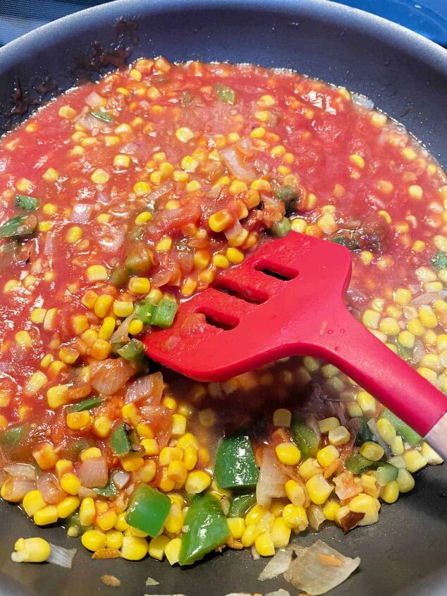 experience the pleasure of cooking authentic mexican rice, Skillet with onion corn green pepper and tomato sauce