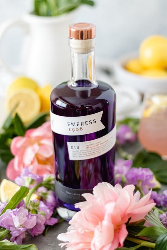 honey lavender gin lemonade with empress, A bottle of Empress Gin and fresh flowers