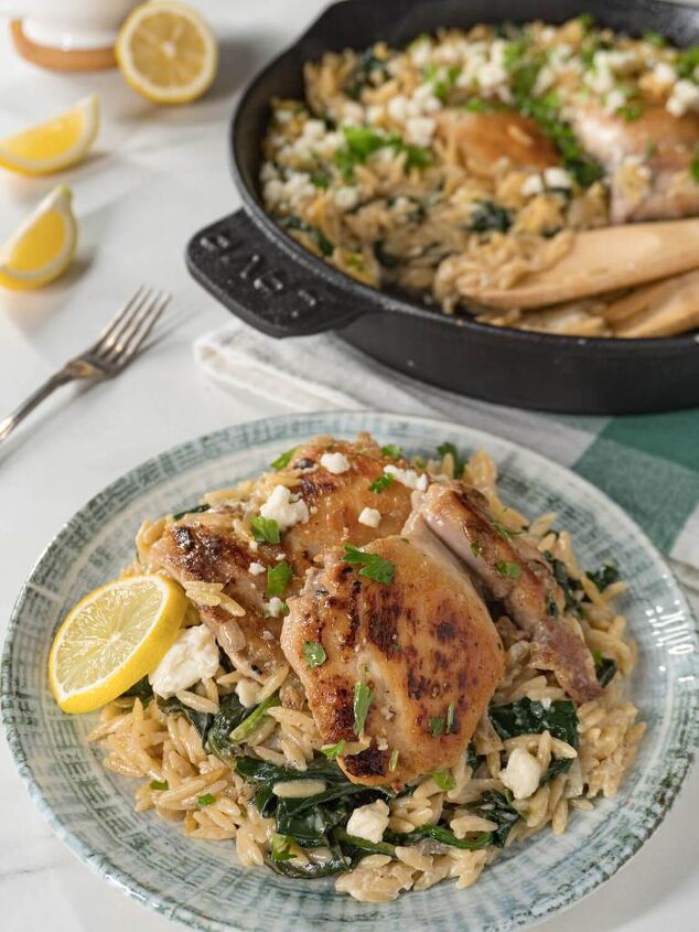 one skillet chicken and spinach orzotto eat mediterranean food