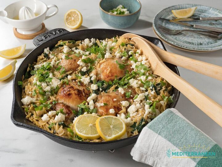 one skillet chicken and spinach orzotto eat mediterranean food