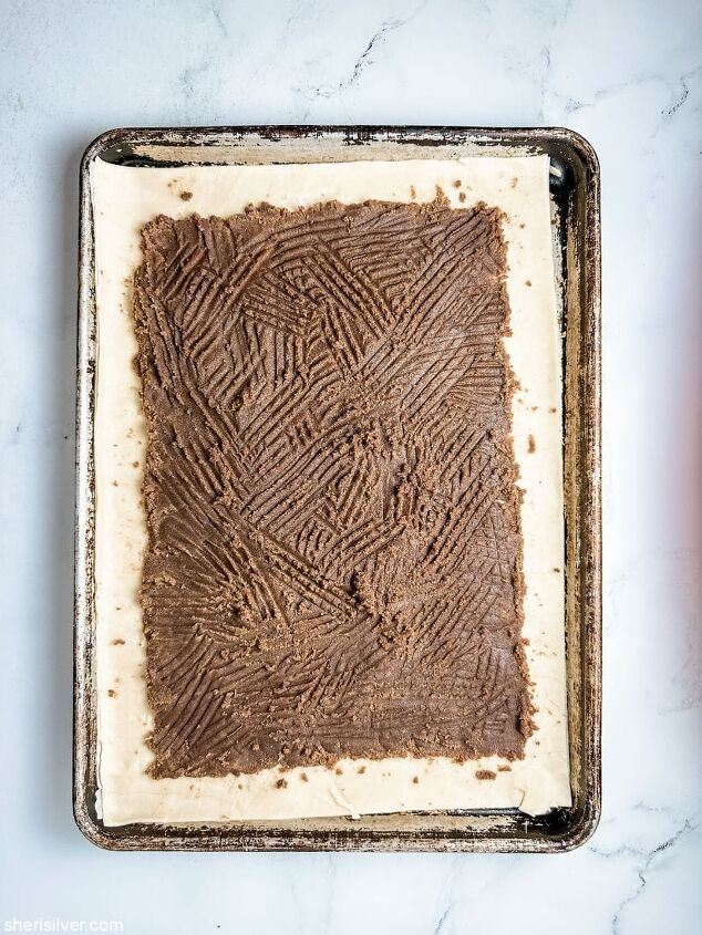 brown sugar slab pie sheri silver, brown sugar filling on a rectangular crust set into a sheet pan