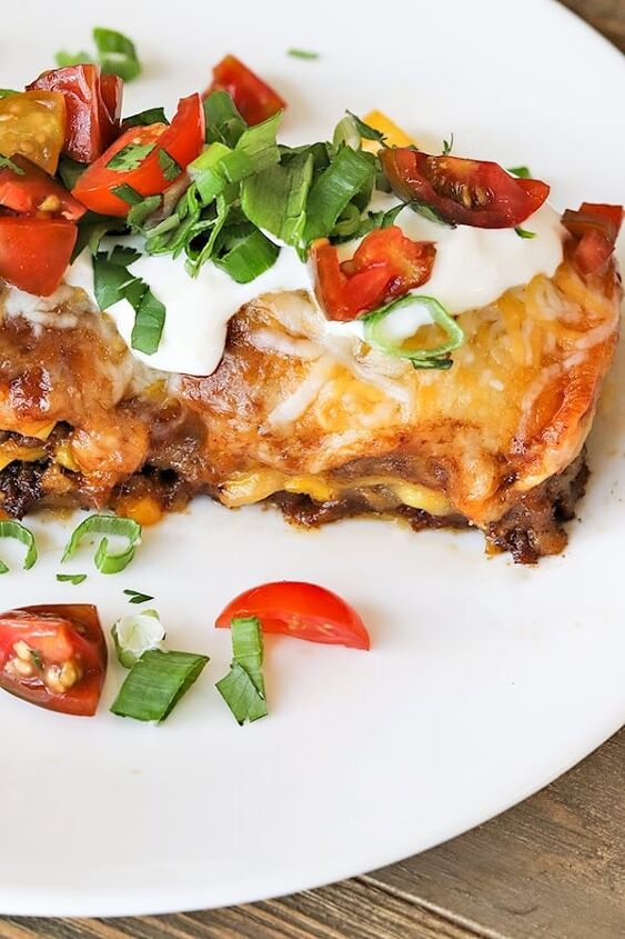 beef enchilada casserole recipe 5ingredient simple, enchilada closeup on white plate