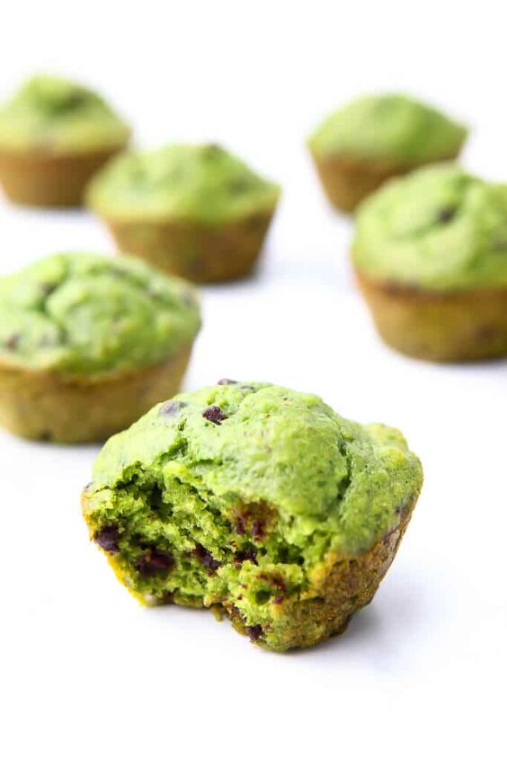spinach muffins healthy hulk muffins, Green hulk muffins with chocolate chips in them with a bite taken out of one of them