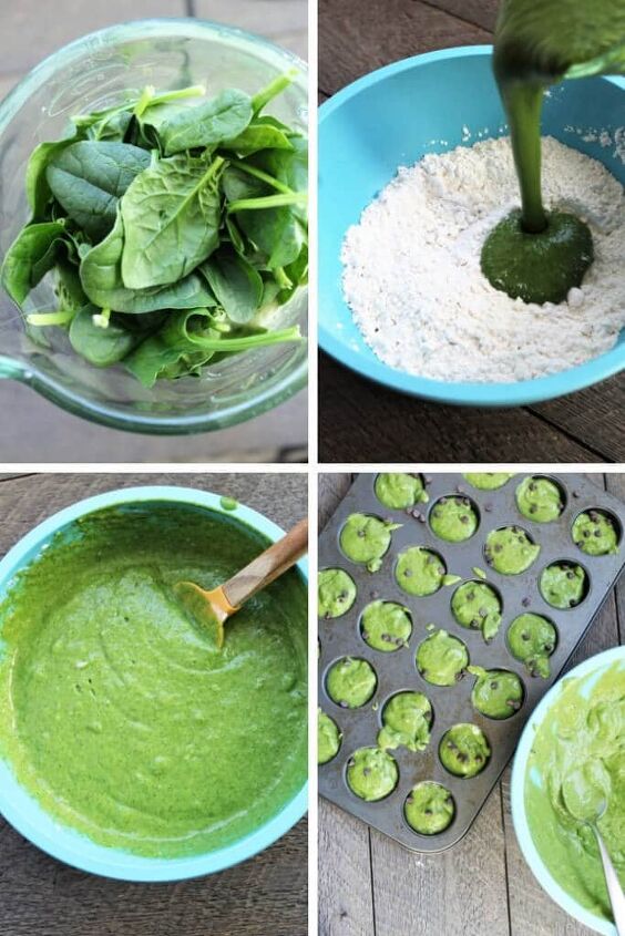 spinach muffins healthy hulk muffins, A series of 4 pictures showing the steps of using a blender to blend bananas and spinach and add it to gluten free flour to make mint chocolate chip green muffins