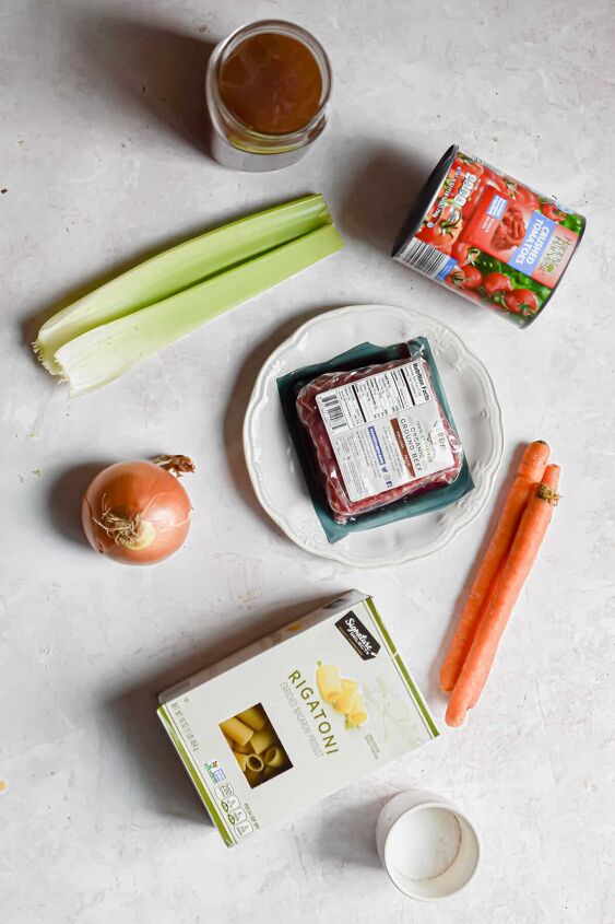 easy instant pot rigatoni bolognese, An overhead shot of the ingredients for Instant Pot Rigatoni Bolognese