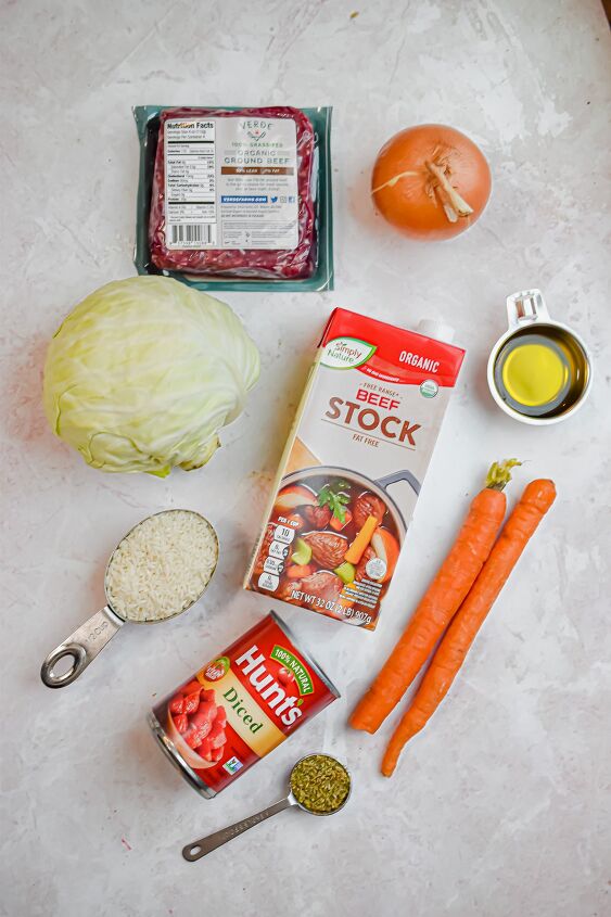 instant pot cabbage roll soup, An overhead shot of the ingredients for Instant Pot Cabbage Roll Soup
