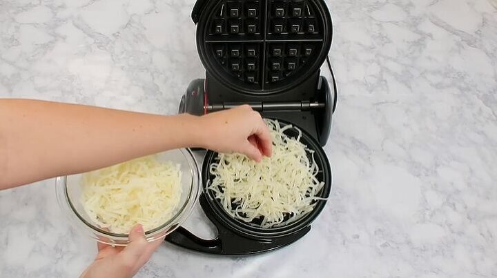 3 easy recipes you can make using golden malted waffle mix, Adding shredded potatoes to the waffle iron