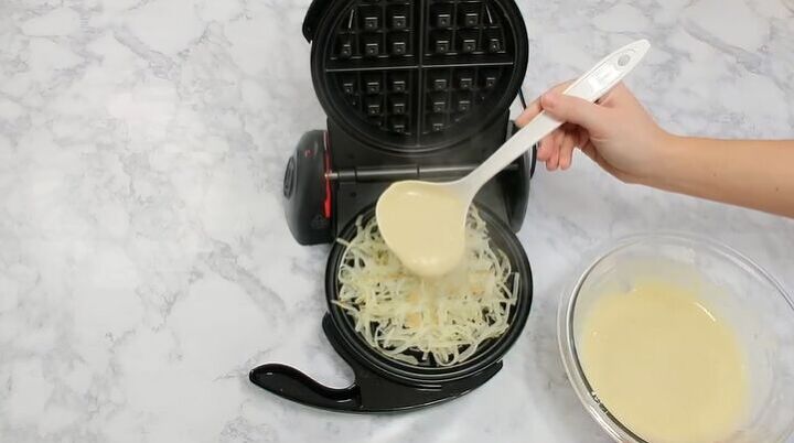 3 easy recipes you can make using golden malted waffle mix, Pouring the waffle mix on top