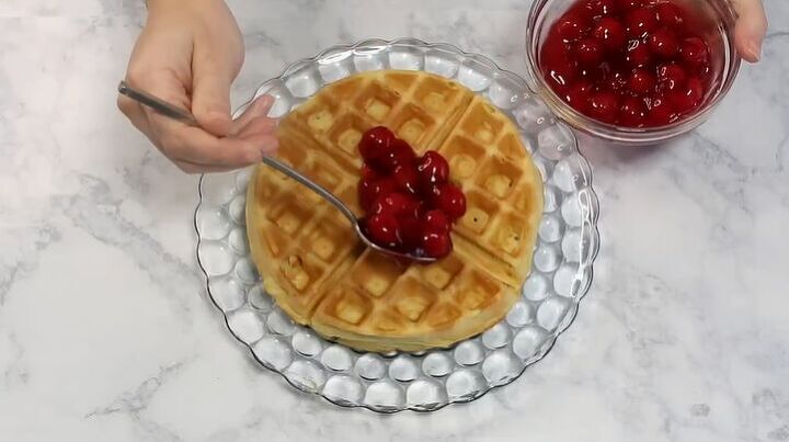 3 easy recipes you can make using golden malted waffle mix, Topping the waffle with cherry pie filling