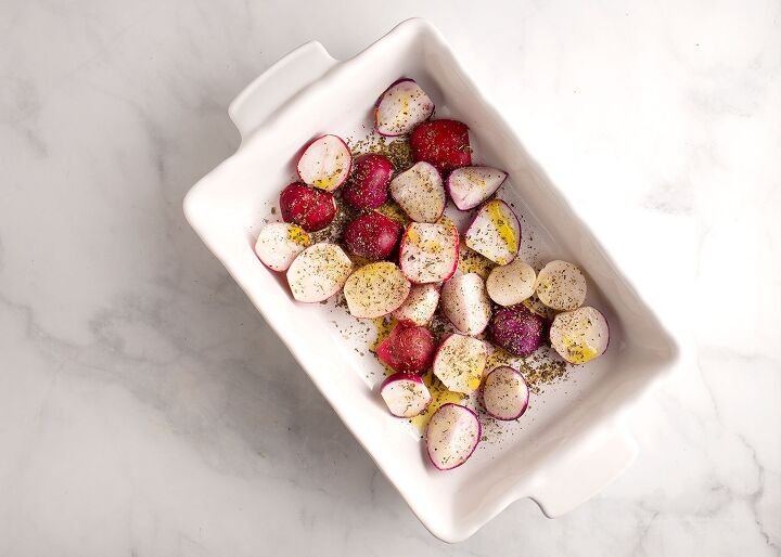 roasted herbed radishes, Radishes seasoned with salt pepper and herbs