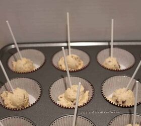 edible sugar cookie dough recipe, edible chocolate chip cookie dough in paper liners with lollipop sticks in them
