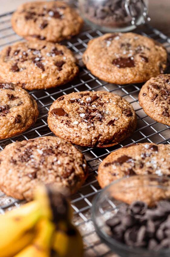 chewy vegan banana chocolate chip cookies, the baked banana chocolate chip cookies on a cooling rack