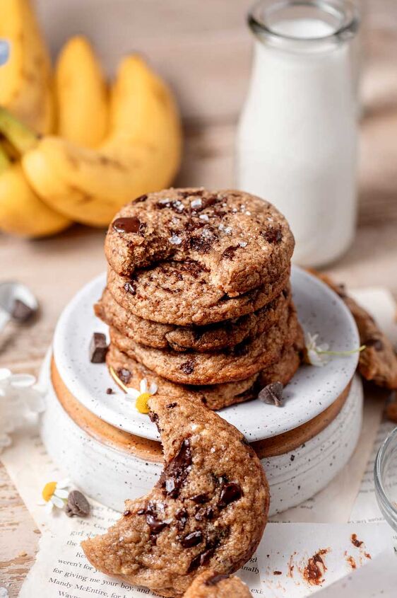 chewy vegan banana chocolate chip cookies, a stack of chewy banana bread cookies