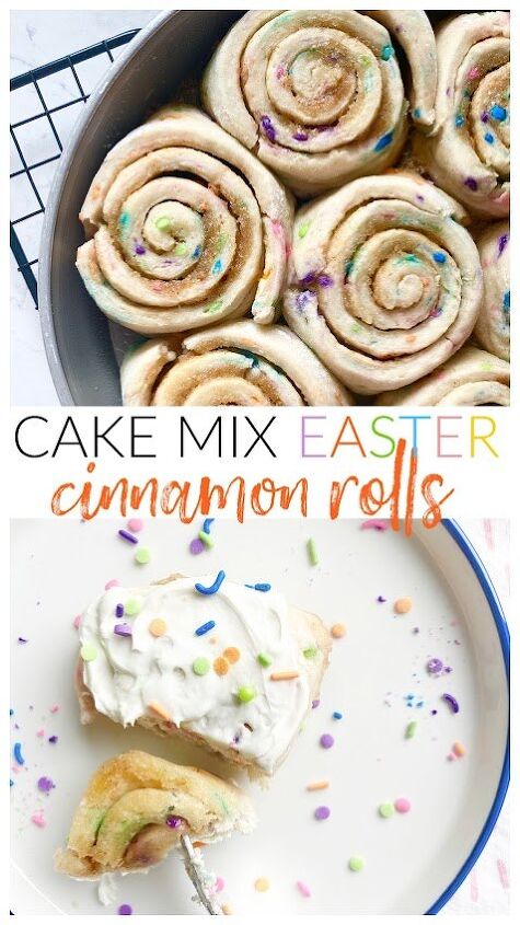 cake mix easter cinnamon rolls, Collage of colorful cinnamon rolls in a round pan and one a white plate with a bite on a fork