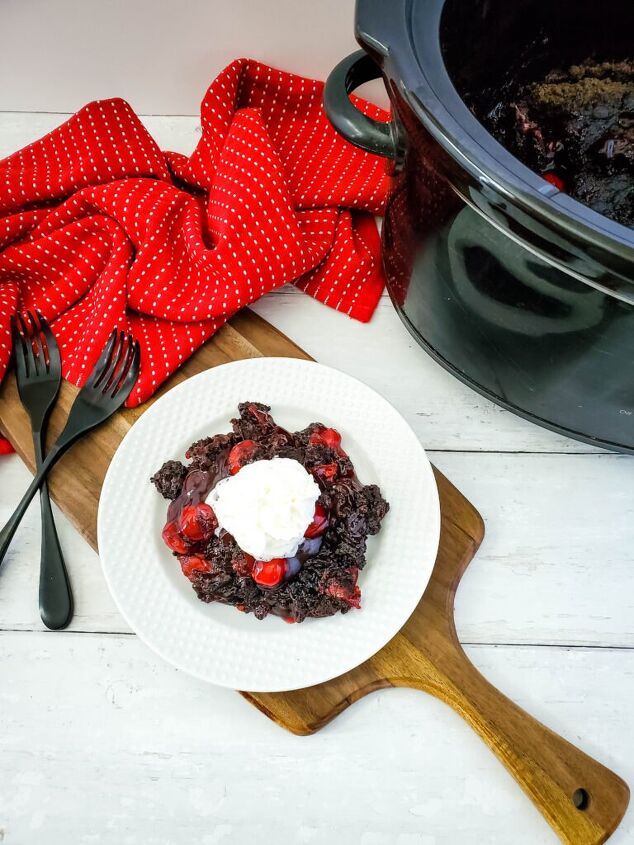 chocolate dump cake with cherries, Chocolate cherry dump cake with whipped cream on white plate