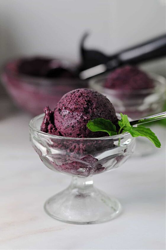 blueberry mint nice cream, blueberry mint nice cream in a dessert glass garnished with mint