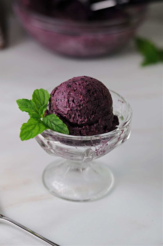 blueberry mint nice cream, scoop of blueberry mint nice cream in a footed dessert glass garnished with a sprig of mint