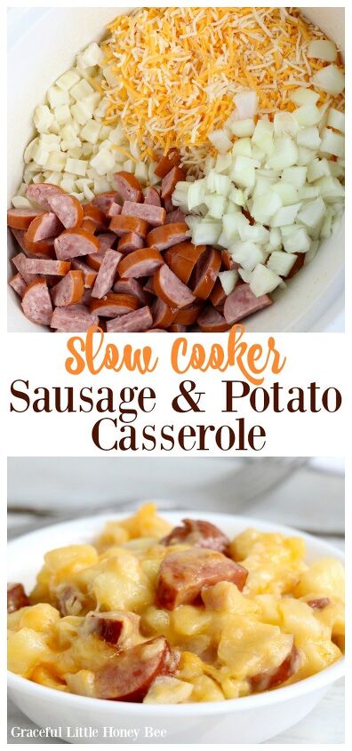 slow cooker sausage and potato casserole, This Slow Cooker Sausage and Potato Casserole is a comfort dish that can be served for breakfast lunch or dinner Find the recipe at gracefullittlehoneybee com