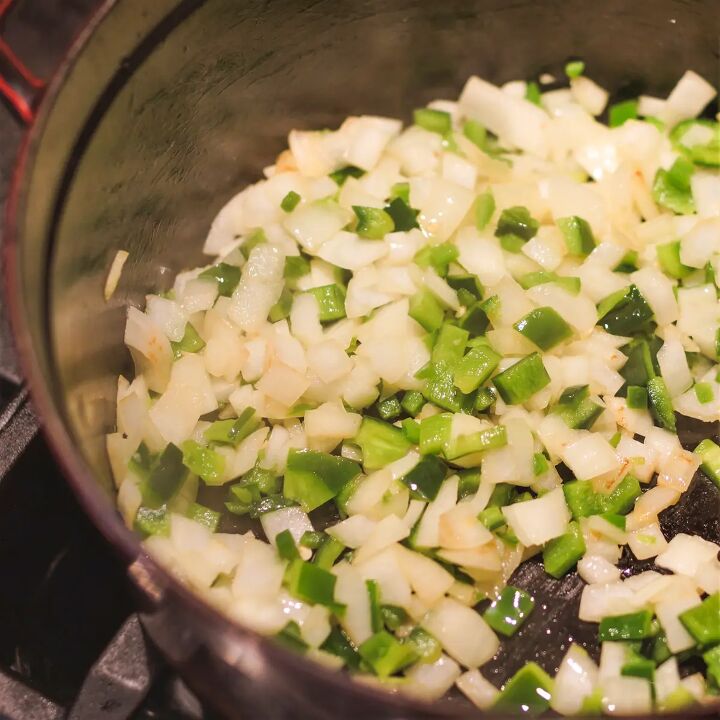 dutch oven white chicken chili, Diced peppers and onions in a Dutch oven