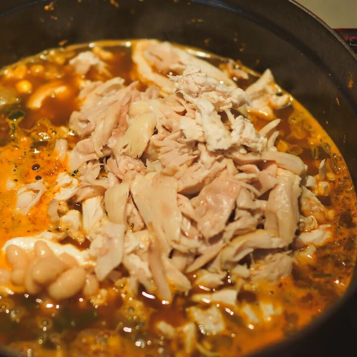 dutch oven white chicken chili, Smoked chicken added to a pot of white chicken chili