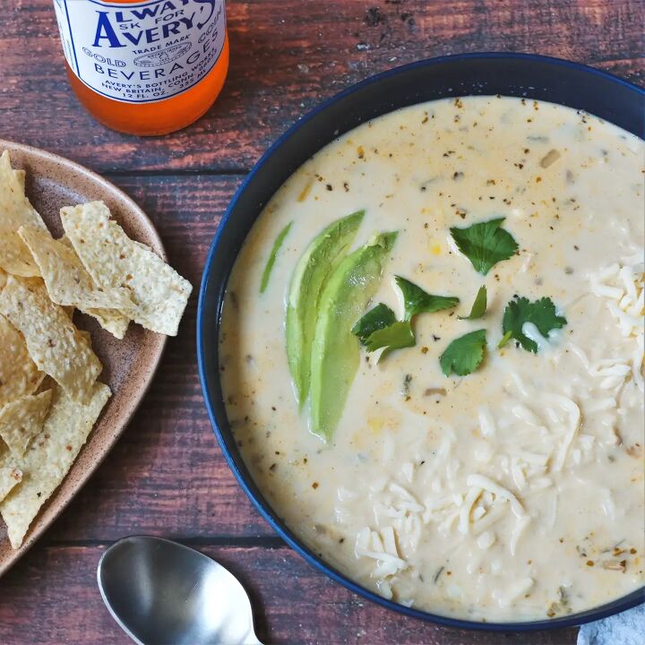 dutch oven white chicken chili, Big bowl of cheesy white chicken chili