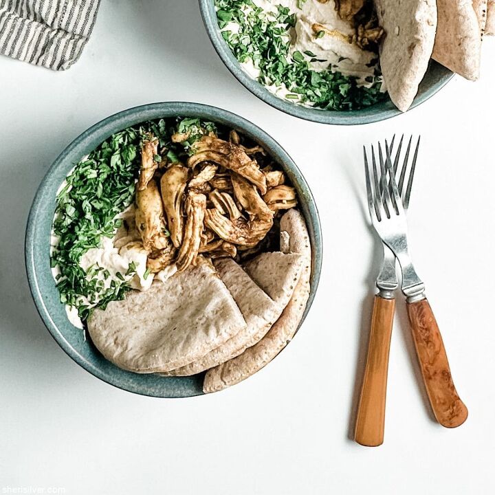chicken hummus bowls with shawarma spices, chicken hummus bowls in gray ceramic bowls with bakelite forks and a striped linen napkin
