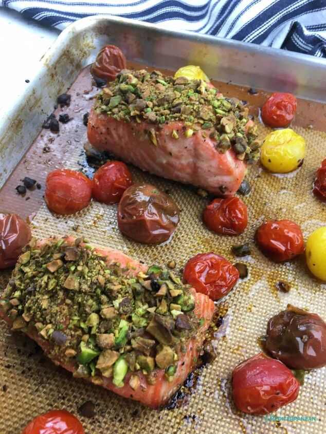 pistachio crusted salmon with blistered cherry tomatoes eat mediterr
