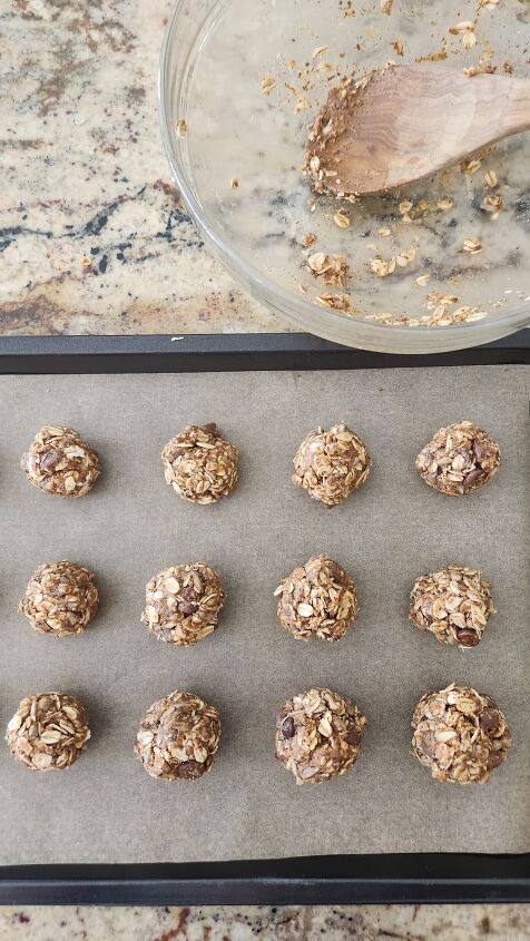 easy healthy snack almond butter protein ball recipe, Roll balls and place on baking sheet covered with parchment paper
